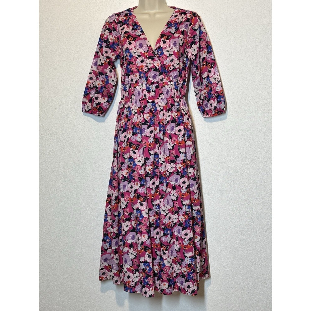 Womens Midi Dress XS 3/4 Puff‎ Sleeve Pink Floral Cottagecore Fairy Coquette